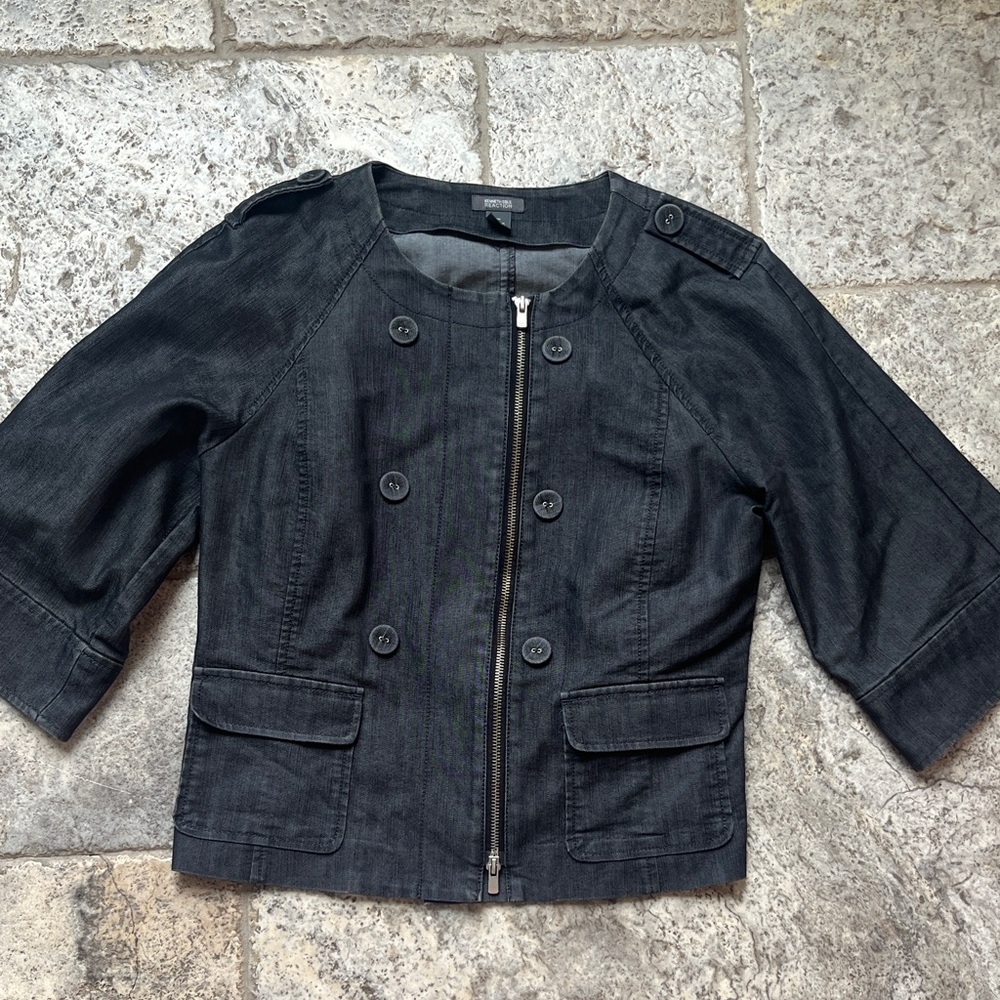 Kenneth Cole Cropped Black Denim Jacket with 3/4 box sleeves